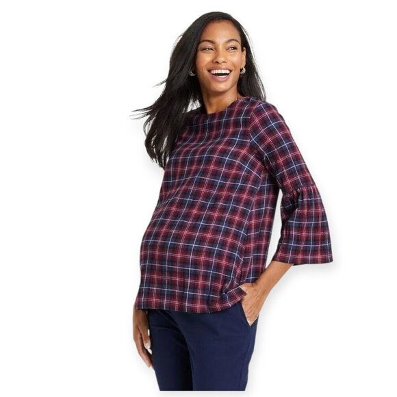 The Nines by HATCH navy berry plaid maternity boho blouse comfy size medium - Picture 7 of 7